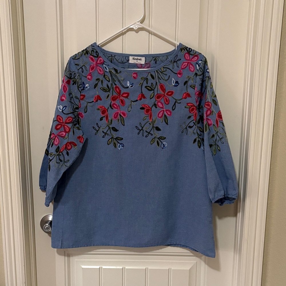 Kindred Blue Floral Embroidered Women's Top